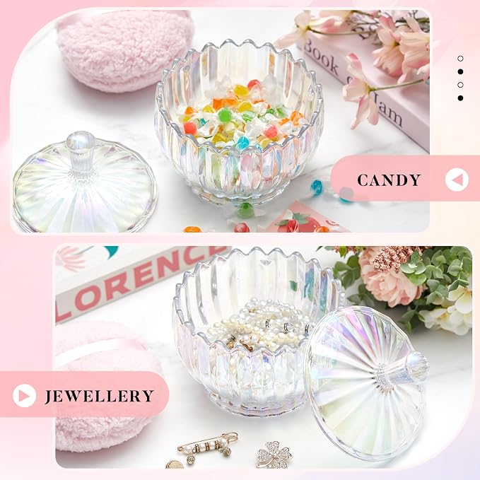Tioncy 2 Pcs Extra Large Dusting Powder Puff and Container for Women-6'' Glass Crystal Dusting Powder Container with Body Soft Washable Reusable Velour Face(Dazzling,Scalloped)