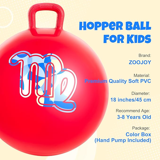 ZOOJOY 18 Inch Red Hopper Balls for Kids 3-6, Sit On Bouncy Ball with Handle, Inflatable Hippity Hop Ball for Indoor/Outdoor Play, Hoping Toys for Kids with Pump