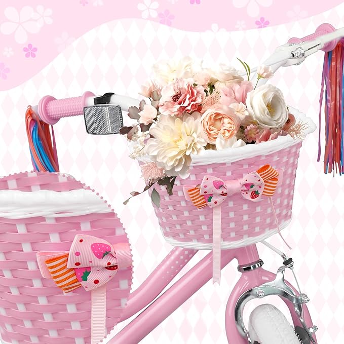 KORIMEFA Girls Bike for Ages 2-8 Years Toddler Kids with Doll Seat, 12 14 16 Inch Bicycle with Training Wheels, Little Small Princess Bicycle with Basket& Streamers, Girls Pedal Bike