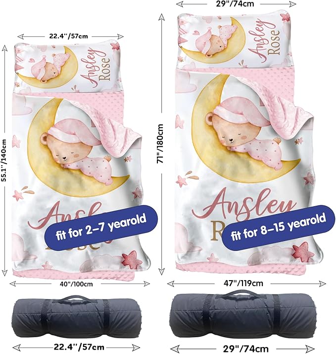 Personalized Toddler Nap Mat for Girls – Custom Name Kids Nap Mat – Daycare Sleeping Mats with Removable Pillow and Soft Minky Dot Blanket for Preschool, Travel, Kindergarten