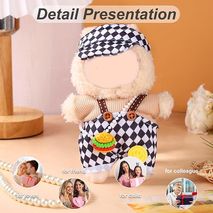 17cm Doll Clothes Set (No Doll) – Outfit with Hat & Overalls, Handmade Accessories for Mini Dolls, OB11-Compatible Dress-Up Gift (Checkered Flag)