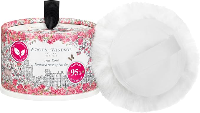 Woods of Windsor True Rose Odour Control Dusting Powder Puff 0.22 lb | Floral Body Talcum Powder, Helps Reduce Chafing, 95% Naturally Derived Ingredients, Vegan and Cruelty Free