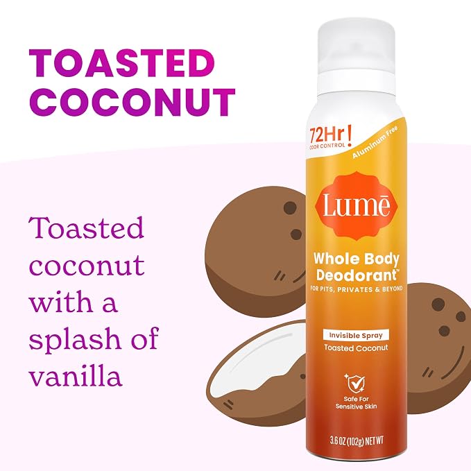 Lume Invisible Spray Deodorant For Women - Whole Body Deodorant Spray - 72 Hr Odor Control - Ozone Friendly, Natural Propellant - Baking Soda & Aluminum Free - Skin Loving, Full Body - Toasted Coconut