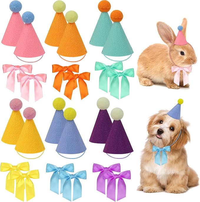 12pcs Mini Party Hats for Stuffed Animals, Birthday Party Cone Hats with Bow Tie for Dolls Dog Cat Rabbit Puppies Assorted Animal Birthday Decorations