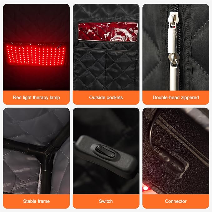 Gollense Red Light Sauna with Hot Air Machine, Portable Dry Sauna for Home with Infrared 660nm Red Light Therapy, 1500W High Power & 6ft-Tall One Person Dry Sauna Box with Foldable Chair, Black