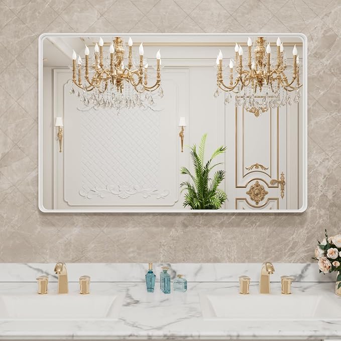 LOAAO 48x32 Inch White Metal Framed Bathroom Mirror | Rounded Rectangle Mirror, Anti-Rust, Tempered Glass, Hangs Horizontally or Vertically