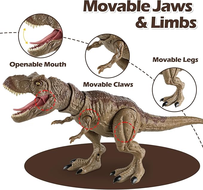 Tyrannosaurus Rex Action Figure Dinosaur Toy for Kids 3-5 & 6-8 with Continuous Spray and Vibration - Roaring & Light-Up Dino Toy with Movable Jaws and Limbs, Christmas, Birthday Gift for Kids (Brown)