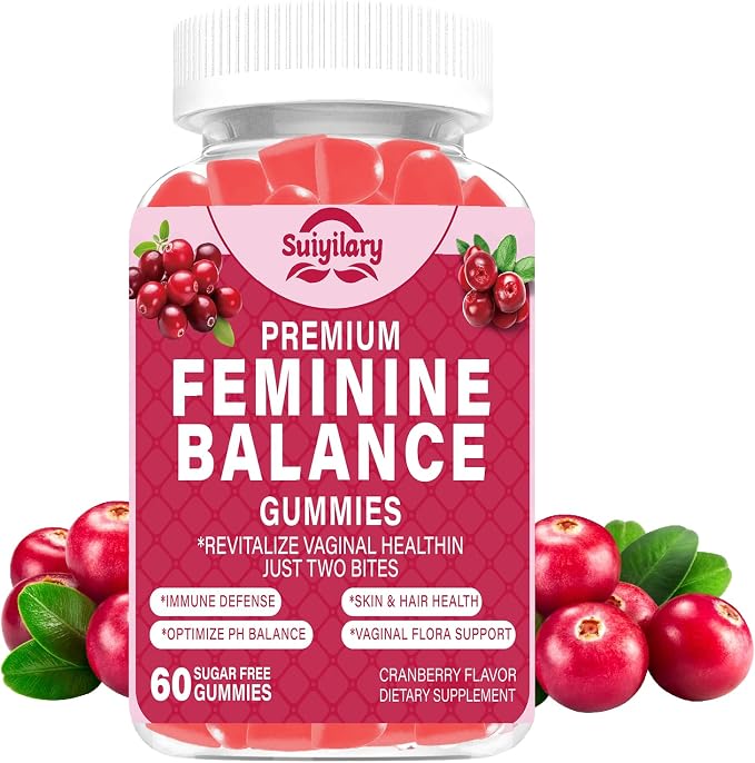 Suiyilary Feminine Probiotics Gummies, Vaginal Health & Women's pH Balance Gummy Supplement with Cranberry Pineapple Powder, Sugar Free Vegan, 60 Count (Cranberry)