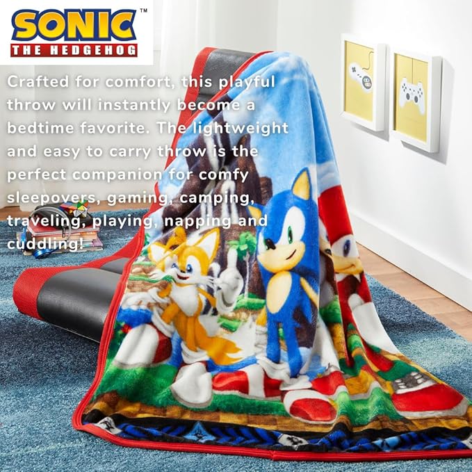 Sonic The Hedgehog Anime Kids Bedding Super Soft Silk Touch Throw, 40 in x 50 in, (Official Licensed Product) by Franco