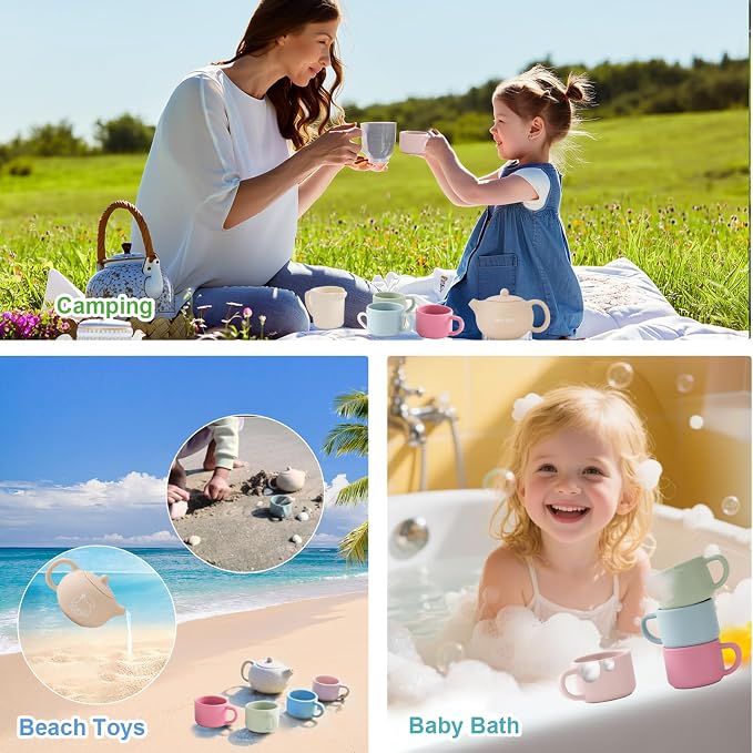 Silicone Tea Set for Toddlers Aged 0+ Months,Real or Play Tea Party Set for Kids,Non-Toxic Baby Kitchen Toys,Cute Morandi Children Gift Suitable for Little Girl Boy(with Washable Cloth Napkin)