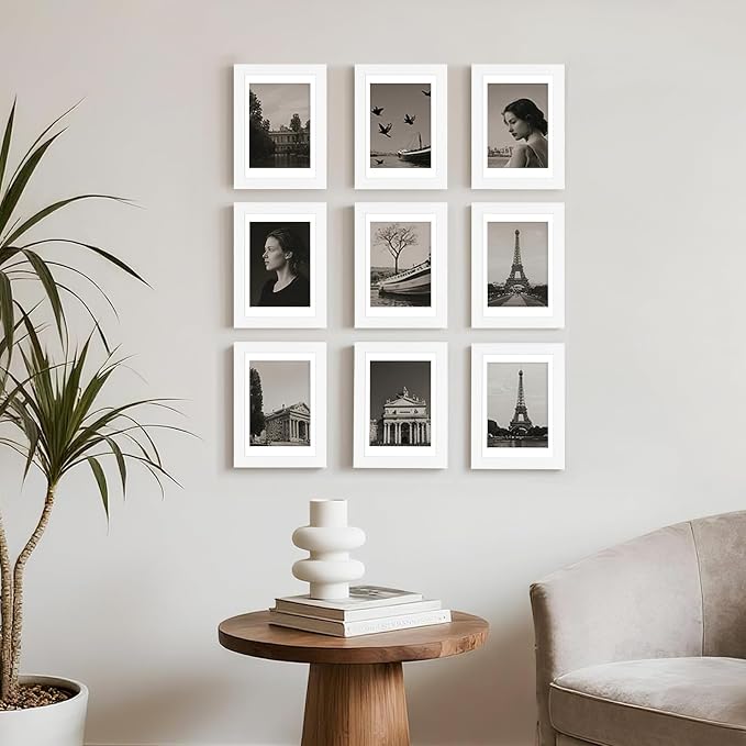 5x7 Picture Frame Set of 9, Display Pictures 4x6 with Mat or 5x7 without Mat, Multi Collage Gallery Square Photo Frames for Wall or Tabletop, White
