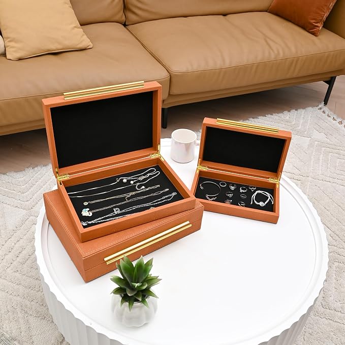 Faux Shagreen Stackable Decorative Velvet Lining Storage Boxes Set of 3 | Jewelry Organizers With Gold Metal Handles, Modern Burn Orange Box for Vanity, Entryway & Coffee Table Décor
