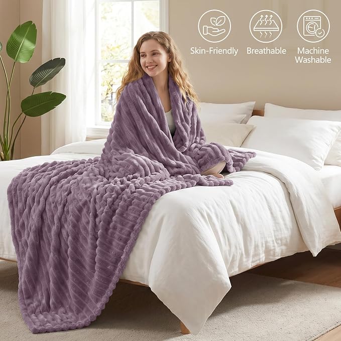 Dusty Purple Throw Blanket for Couch & Bed, 50 x 60 Inch | 300GSM Ribbed Fleece Blanket, Soft, Cozy & Lightweight, OEKO-TEX Certified, All-Season Use for Travel, Dorm & Home Decor