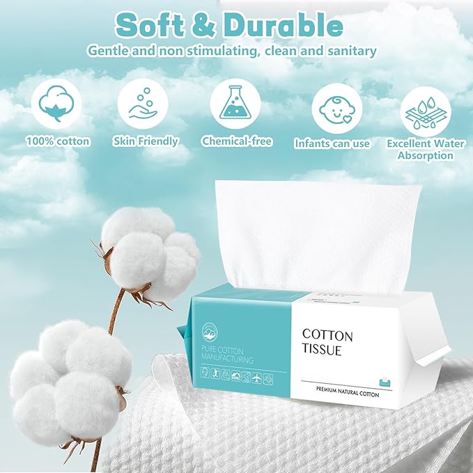 Disposable Face Towel 600 Count, Soft Cotton Facial Dry Wipes, Multi-Purpose for Skin Care, Makeup Remover, Face Wipes and Facial Cleansing