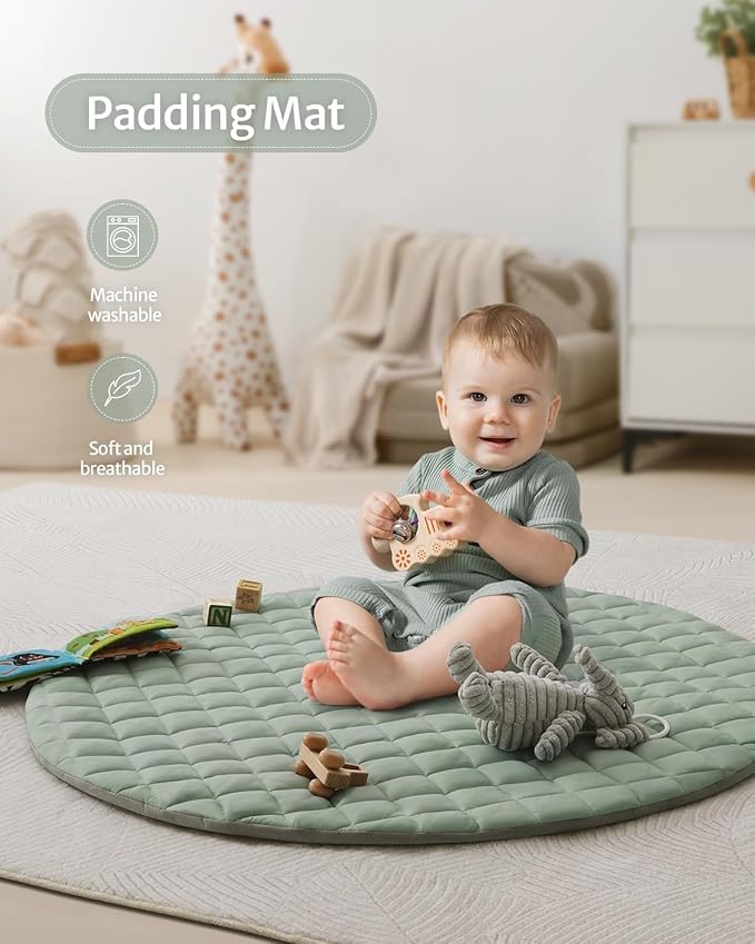 Blissful Diary Baby Play Gym Mat, Play Mat Activity Mat with 6 Detachable Toys for Stage-Based Sensory & Motor Skill Development, Easy to Install & Clean, Baby Essentials Gift, Sage Green