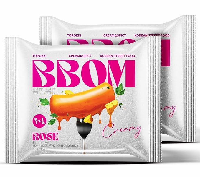 BBOM Instant Korean Tteokbokki Pouch – Sweet & Spicy Street Food – Easy and Convenient Preparation – Includes Tray, Rice Cakes & Powder Sauce, 3 Flavors_5.19oz (147g) x 2ea (Rosé)