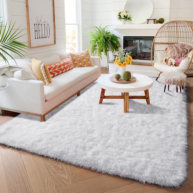 Amdrebio White Area Rugs for Bedroom, Shag Fluffy Rug for Living Room, Modern Furry Shaggy Throw Rug for Kids Room, Teen Girls, Dorm, Baby Nursery, Cute Fuzzy Fur White Carpet, 4x6 Rug, Home Decor