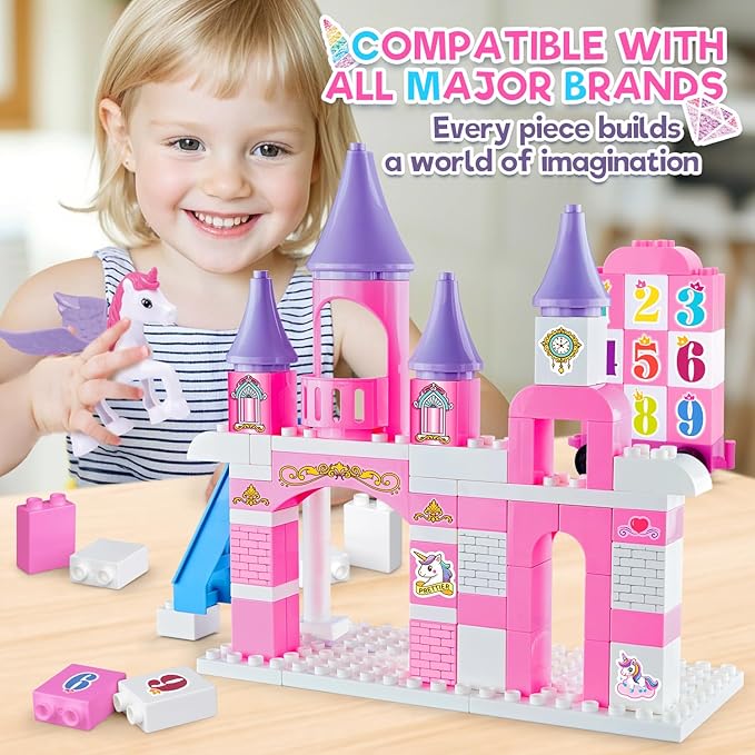Classic Building Blocks for Toddlers - Compatible with Major Brands, Unicorn Theme Princess Castle & Number Trains Classic Bricks, Creative Educational Buildable Kits for Girls Boys Ages 3, 4, 5, 6-12