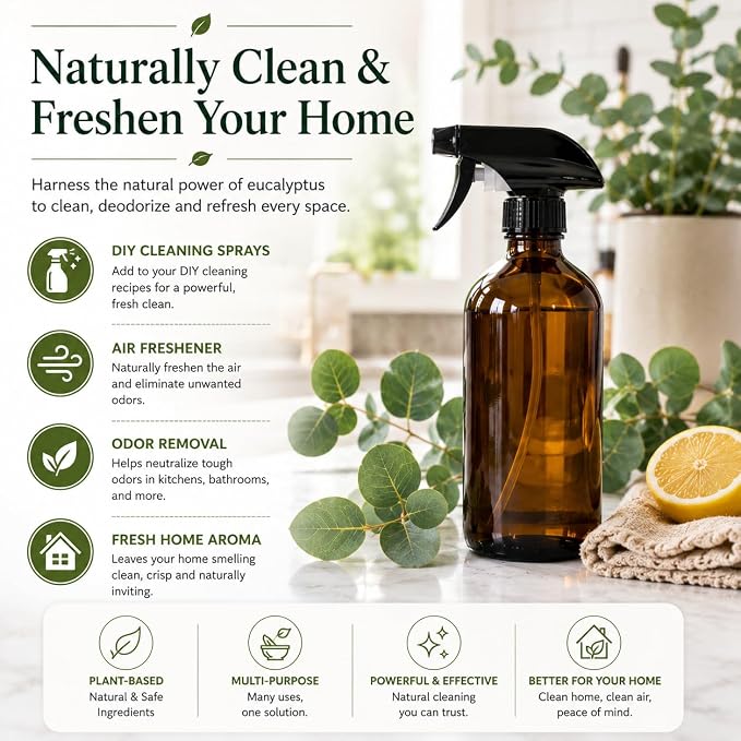GreenHealth Eucalyptus Essential Oil – 8 fl oz (237 ml) – 100% Pure & Natural – Aromatherapy Oil in Aluminum Bottle with Plug Cap – for Diffuser, Cleaning, Home Fragrance, DIY Use