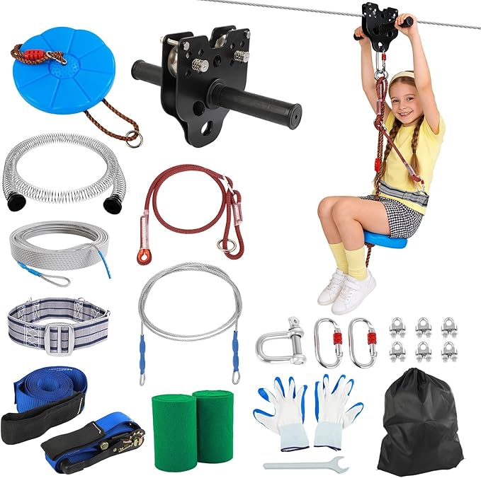 FAHKNS 100FT Zip Line Kit for Kids Adults: Up to 400LBS Quick Tighten Zipline for Backyard with Rust Proof Removable Trolley,Spring Brake,Height Adjustable Seat,Outdoor Kids Play Equipment