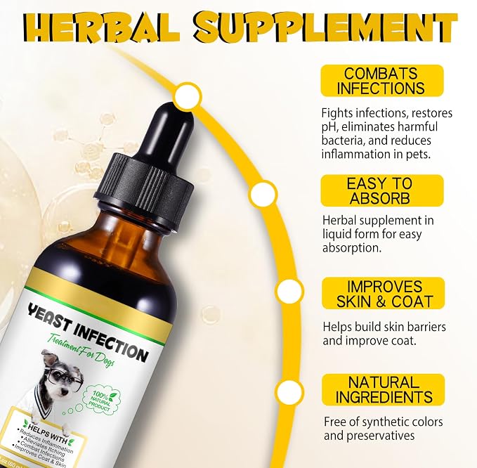 Yeast Infection Treatment for Dogs, Dog Ear Infection Treatment Yeast Ear Treatment for Itchy Dog Skin Relief, Dog Allergy Relief, Ear Infection- 4 Fl Oz / 120ml