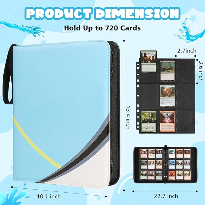 9 Pocket Card Binder for Pokemon Card, 720 Pockets Card Binder Holder with 40 Removable Sleeves, 3-Ring Zip Design Trading Card Albums for MTG/TCG/Sport Collectible Gifts for Boys and Girls (Blue)