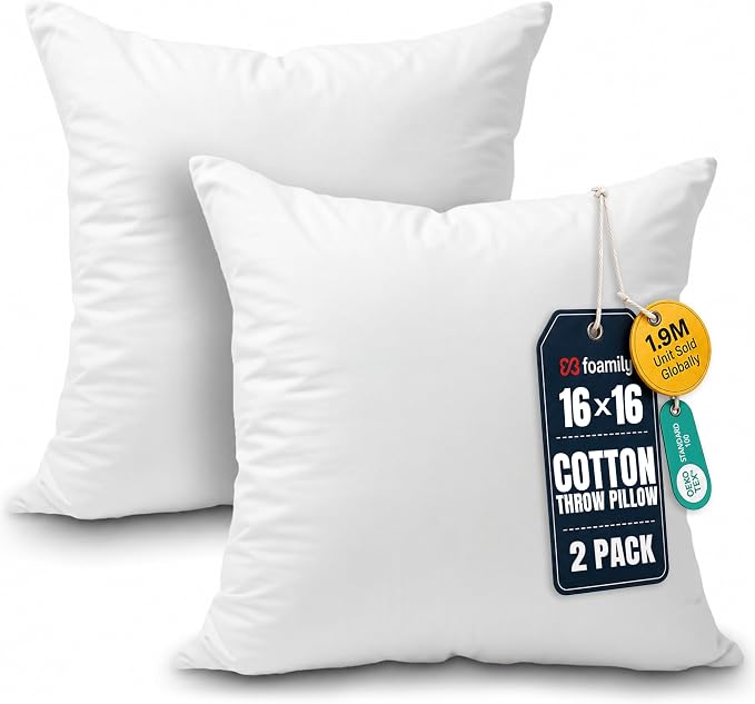 Foamily 16x16 Throw Pillow Inserts, Set of 2, 100% Cotton Cover, White | Cotton cover, plush down-alternative fill, machine washable Fits 16x16 covers Couch, sofa, bed, nursery décor