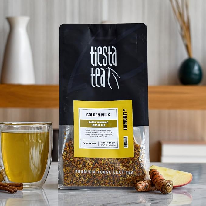 Tiesta Tea - Golden Milk, Loose Leaf, Sweet Turmeric Herbal Tea, Premium Non-Caffeinated Herbal Blend, Make Hot or Iced, Brews Up to 200 Cups, 16 oz Resealable Bulk Pouch