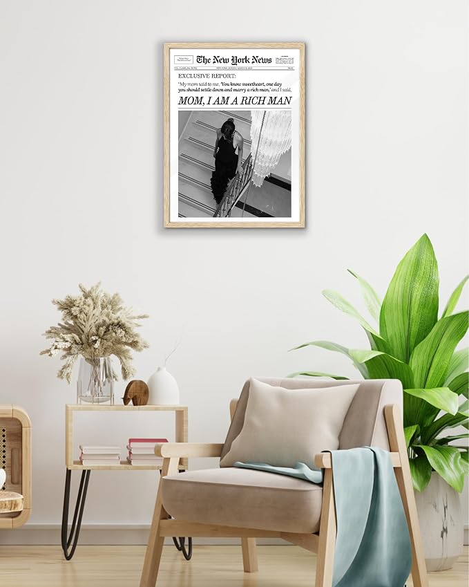 EcoHest Small 8x10 in Mom I Am a Rich Man Newspaper Framed Wall Art | Natural Oak Wood Frame, Canvas Wall Art, Girly Fashion Magazine Decor for Bedroom, Apartment, Dorm Room, College Room, 1Pack