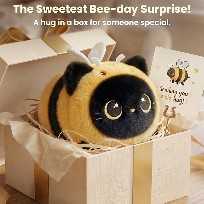 Mewaii Cute Black Cat Bee Plush Pillow, Kawaii Plushies Bee Stuffed Toy, Kitten Plushies with Honeybee Outfit Costume, Soft Squishy Bee Gift for Girls & Kids (8 Inch)