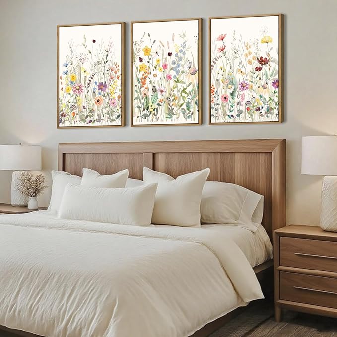BINCUE Large Framed Floral Canvas Wall Art Colorful Wildflower Pictures Wall Decor for Living Room Bedroom Home Decor 3 Panel 16x24 Inches