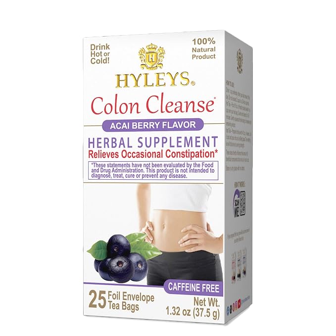HYLEYS Colon Cleanse Tea, Acai Berry Flavor - 300 Individually Wrapped Herbal Tea Bags (12 Pack of 25) - Caffeine Free, Vegan