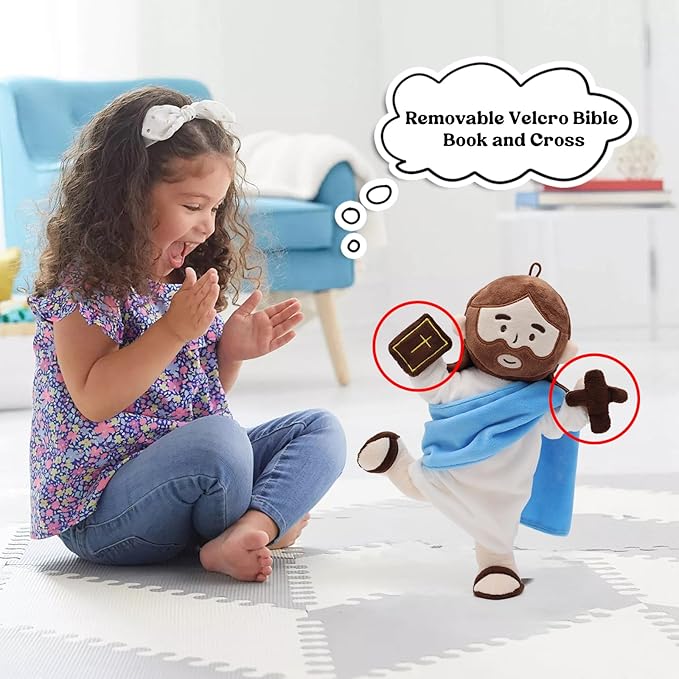 Jesus Plush Doll with Jointed Skeleton Jesus Plushie 13.4" Poseable Jesus with Removable Accessories Easter Christian Gifts for Kids (Blue)