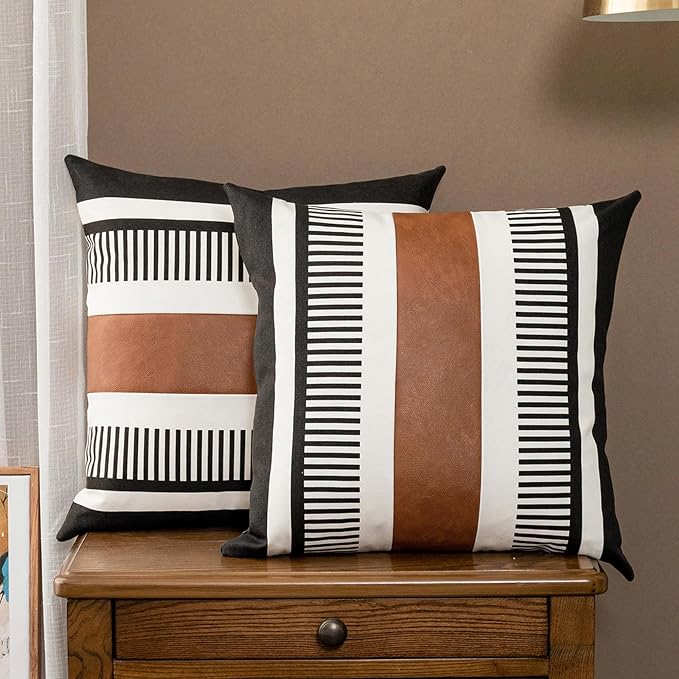 Set of 2 Striped Boho Throw Pillow Covers 16x16 inch, Modern Leather Pillow Cover for Couch Sofa Bed, Farmhouse Decor Patchwork Accent Pillowcase, Black