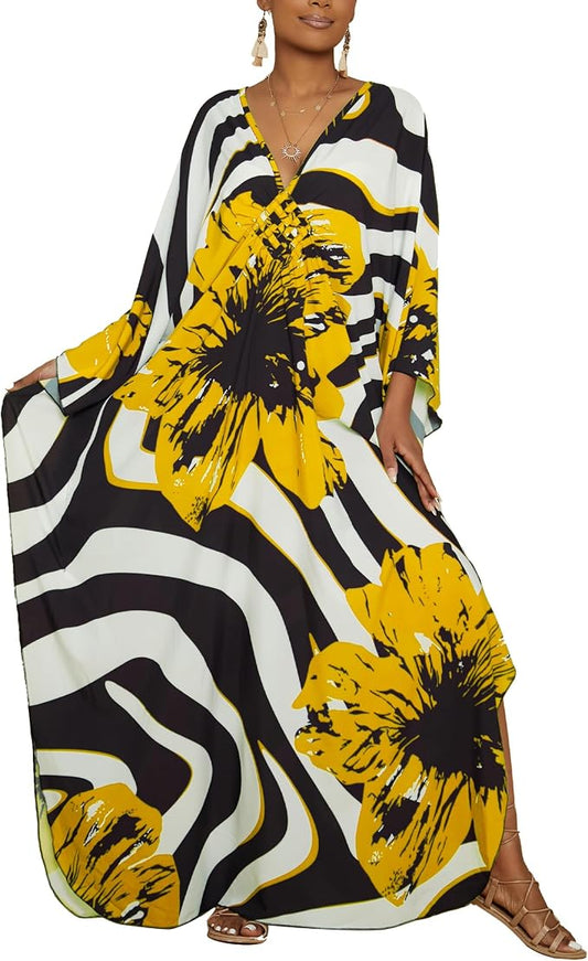 Bsubseach Kaftan Dresses for Women Floral Print Plus Size Beach Cover Up | Lightweight V Neck Loose Fit Boho Dress, Batwing Sleeve Side Slit, Moo Moos for Women Home Loungwear Cruise Resort Wear