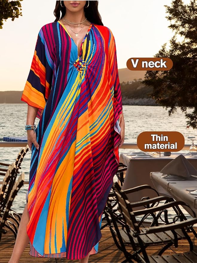 ChiaoLezhee Print Moo-Moos for Women, Kaftan Cover-Up Dresses, Sexy V-Neck High-Slit, Beach Pool-Party Coverups Muumuu Plus