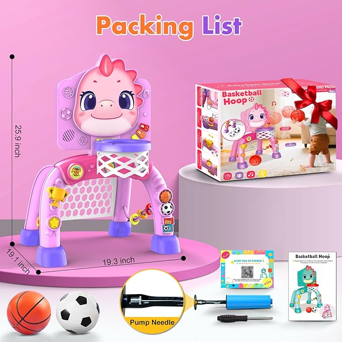Nicmore Basketball Hoop Toys for Toddlers: Dinosaur Activity Center with Lights Music - Indoor Sports Skills Development - 6, 12, 18, 24+ Month Christmas Birthday Gift for Baby, Boys & Girls