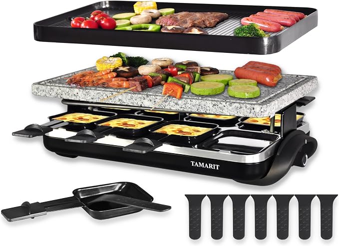 TAMARIT Raclette Grill with Extra Stone Plate, Indoor Electric Table Grill | Dual grill: reversible cast Aluminum plate and granite stone plate, 8 nonstick cheese trays, 1500W, for family parties