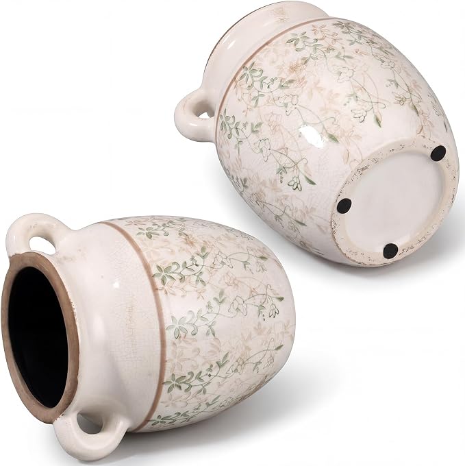 LemonRoad Vintage Planter Large Ceramic Plants Pot Beige Chinoiserie Floral Cottage Scroll Vase Flower Pot Indoor Home Farmhouse Kitchen Antique Decorative Gifts(Green Leaf Vine,7.7 Inch)