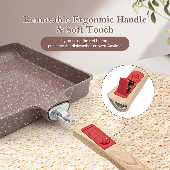 AIKENBBKK Tamagoyaki Pan Ceramic, Japanese Omelette Pan Nonstick, Japanese Egg Pan, Square Egg Pan, Induction-Ready, Detachable Handle, with Silicone Spatula, PFAS & PFOA-Free, Oven Safe,Brown,9"x8.2"