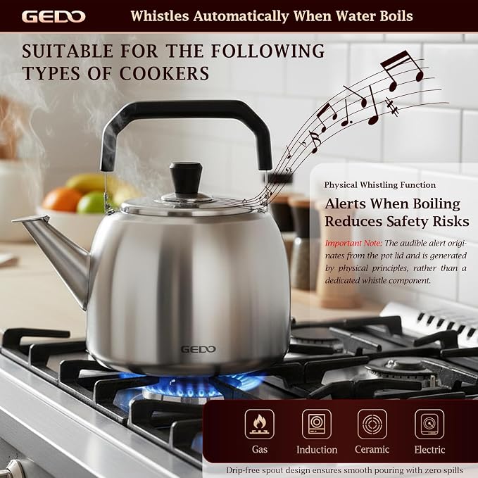 GEDO Stainless Steel Whistling Tea Kettle, 304 Food Grade, Large Capacity, Stovetop Kettle for Gas Stove and Induction Cooktop (5L/5.28QT)