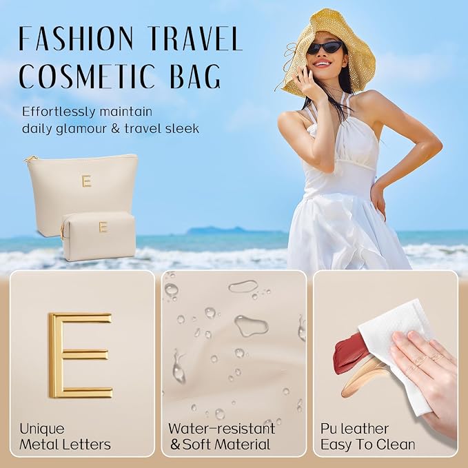 Women Gifts | Initial Makeup Bag for Girl Personalized Gifts for Bridesmaid Friend PU Leather Cosmetic Travel Toiletry Bag(Beige,E)