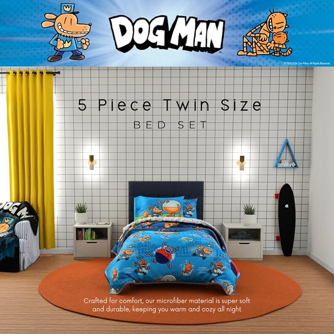 Franco Dog Man Supa Book Kids Bedding Super Soft & Cozy Reversible Microfiber Comforter and Sheet Set with Sham, 5 Piece Twin Size, (Officially Licensed Product)