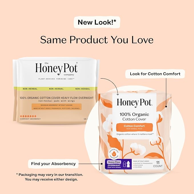 The Honey Pot Company - 44ct - Sanitary Pads for Women - Non-Herbal Heavy Overnight w/Wings - Organic Cotton Cover & Ultra-Absorbent Pulp Core - Feminine Care