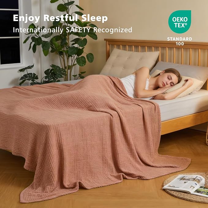 EMME Cotton Muslin Queen Blanket Bed Layering Breathable Gauze Blanket Soft Lightweight Blankets Adults (Orange Red, 90"x90")