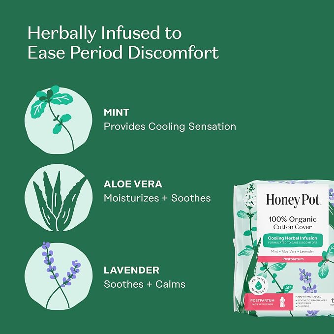 The Honey Pot Company - Herbal Postpartum Pads w/Wings - Infused w/Essential Oils for Cooling Effect, Organic Cotton Cover, & Ultra-Absorbent - Feminine Care - 12ct