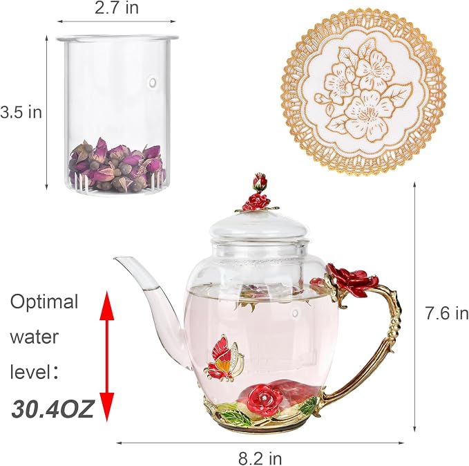 Enamel Glass Flower Tea Pot With Removable Loose Tea Leaf Infuser Tea Maker Teapot Set 30.4OZ Gifts for Women,Mom,Birthday