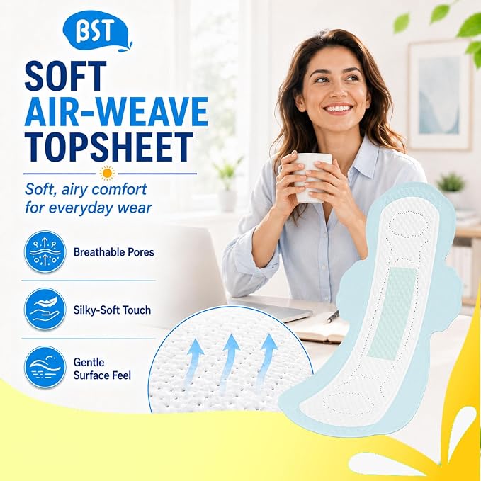 BST Mint Fresh Pads for Women, Breathable Thin Sanitary Napkins with Wings, Odor Control & All-Day Freshness, Heavy Absorbency, Feminine Care, Active Lifestyle Use（Large, 12 Count,Packaging May Vary）