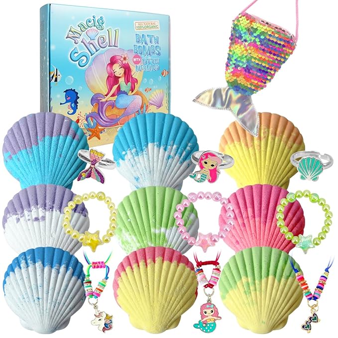 Skin-Safe Magic Shell Bath Bombs for Kids with Surprise Jewelrys Inside, 9 Extra Large Bath Salts with Calming and Long Lasting Scent, Natural Bubble Bath Bombs for Girls Sensitive Skin