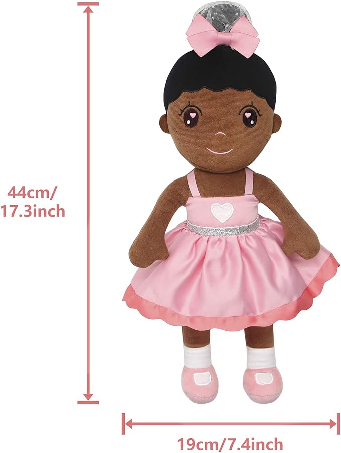 Maxshop Plush Dolls 17'' First Baby Doll for Kids Super Soft Plush Toy (Pink Dress Princess Black Doll)